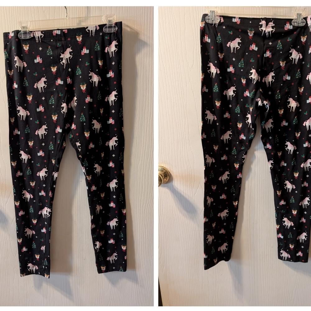 Holiday Time Festive Black Leggings with Unicorns and Trees